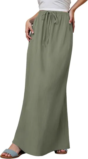 Linen Maxi Skirts for Women Summer Elastic Waist Drawstring A Line Long Flared Comfy Cute Vacation Boho Flowy Skirt