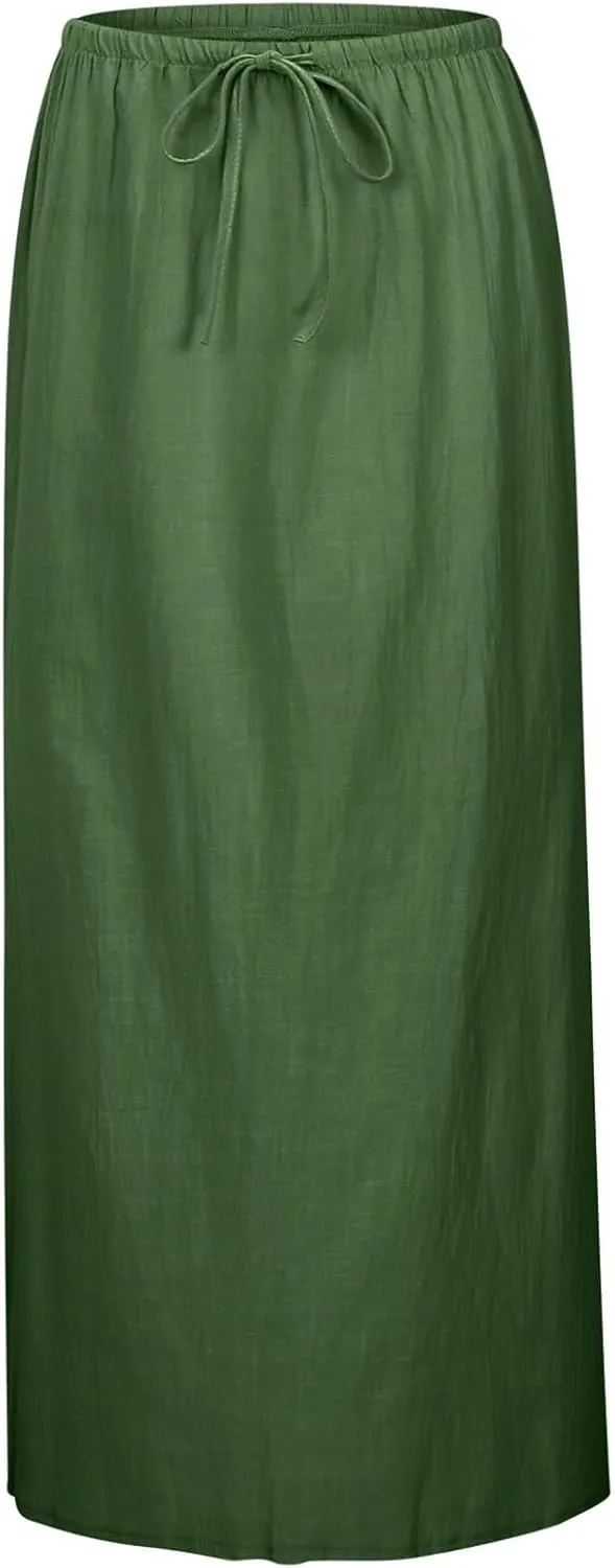 Linen Maxi Skirts for Women Summer Elastic Waist Drawstring A Line Long Flared Comfy Cute Vacation Boho Flowy Skirt