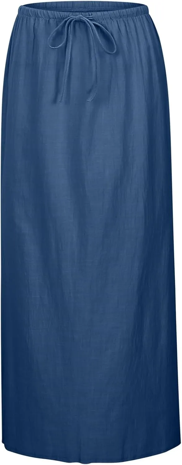 Linen Maxi Skirts for Women Summer Elastic Waist Drawstring A Line Long Flared Comfy Cute Vacation Boho Flowy Skirt