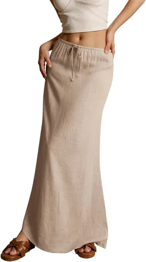 Linen Maxi Skirts for Women Trendy Summer Comfy Drawstring A Line Skirts Casual Beach Vacation Flowy Long Skirts