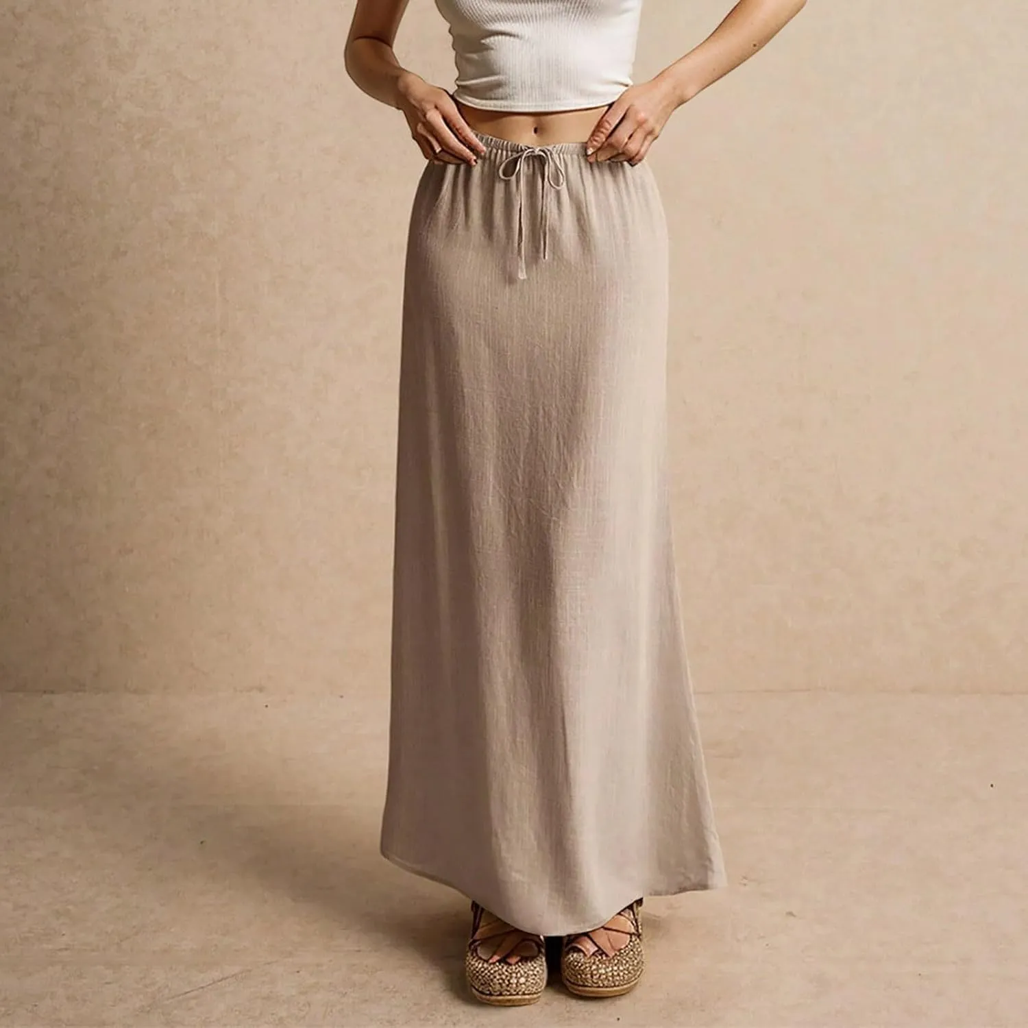 Linen Maxi Skirts for Women Trendy Summer Comfy Drawstring A Line Skirts Casual Beach Vacation Flowy Long Skirts