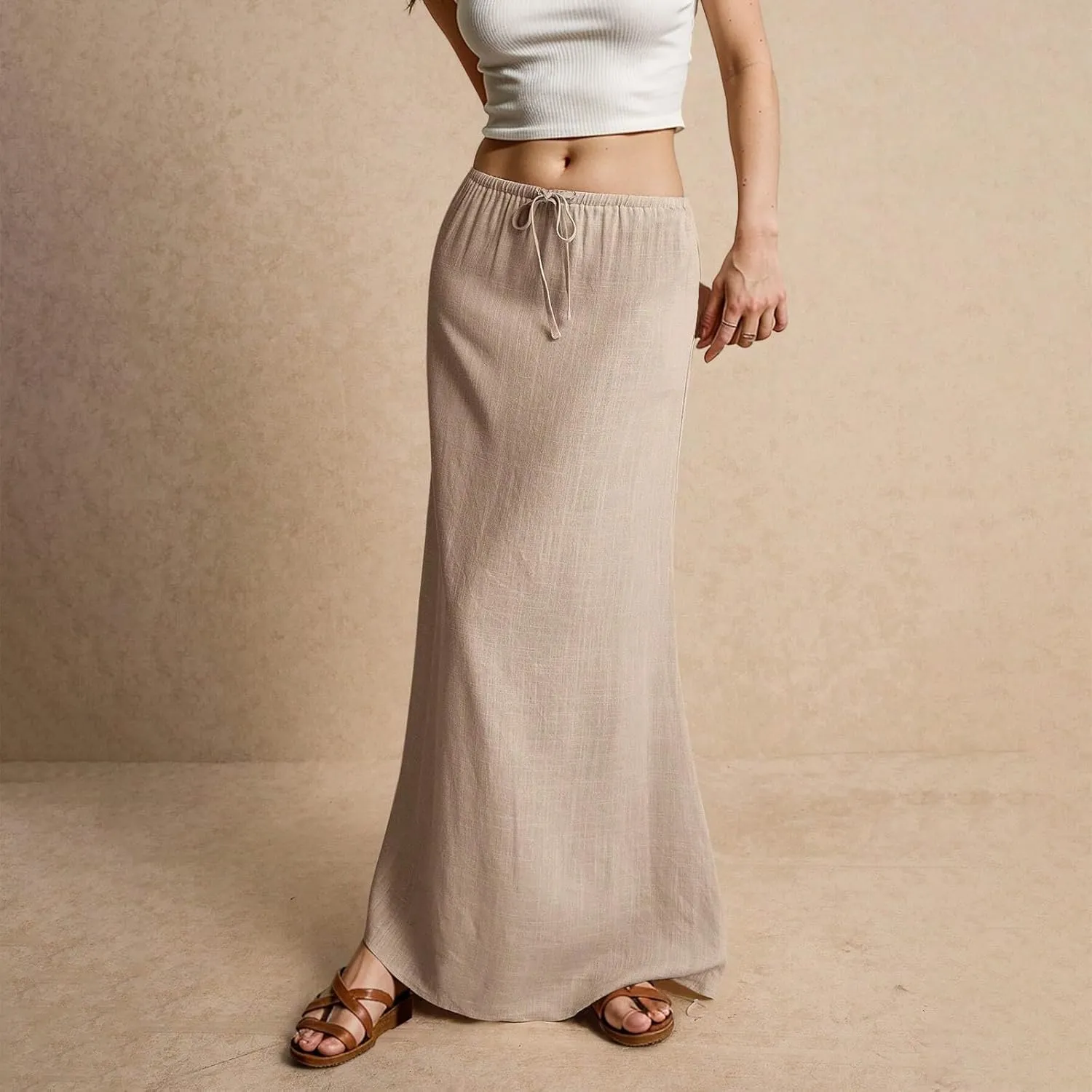 Linen Maxi Skirts for Women Trendy Summer Comfy Drawstring A Line Skirts Casual Beach Vacation Flowy Long Skirts