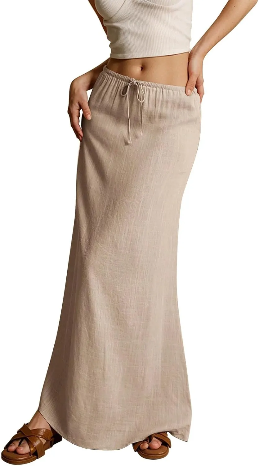 Linen Maxi Skirts for Women Trendy Summer Comfy Drawstring A Line Skirts Casual Beach Vacation Flowy Long Skirts