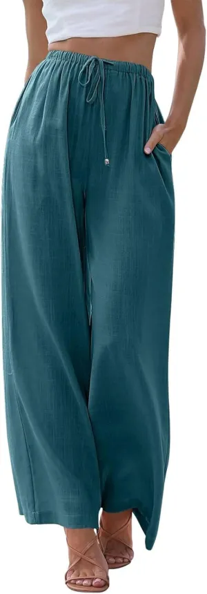 Linen Pants Women Casual Wide Leg Pants Flowy Palazzo Pants Drawstring Waisted Pants with Pockets Beach Trousers