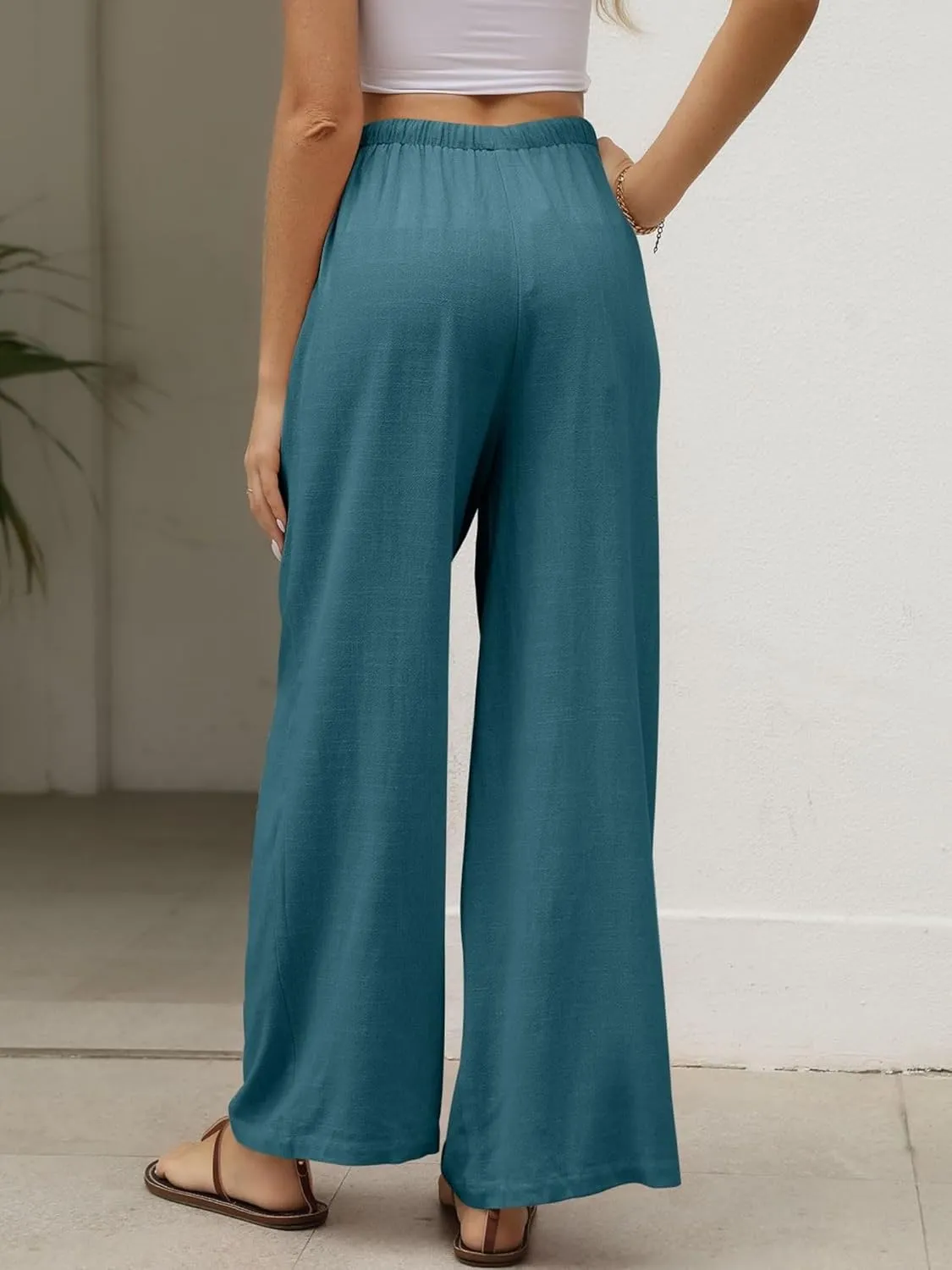 Linen Pants Women Casual Wide Leg Pants Flowy Palazzo Pants Drawstring Waisted Pants with Pockets Beach Trousers