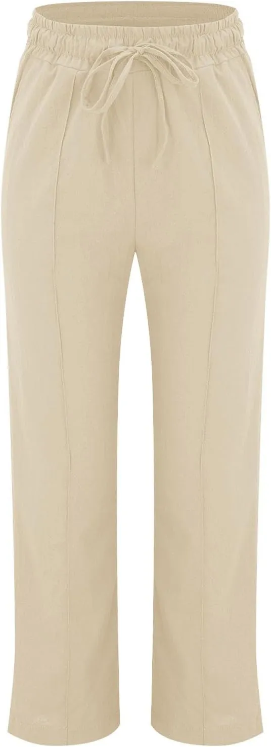 Linen Pants Women Plus Size Breathable Lightweight Cotton Straight Leg Pants Loose Fit Casual Summer Beach Trouser