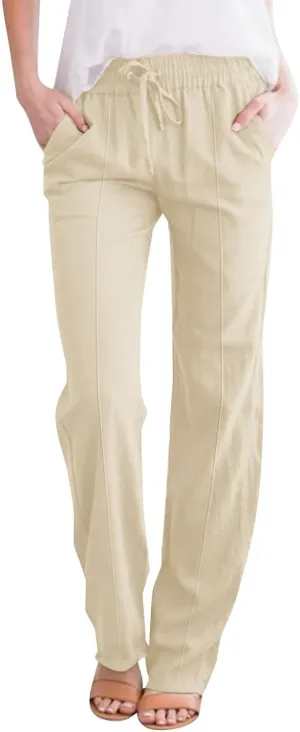 Linen Pants Women Plus Size Breathable Lightweight Cotton Straight Leg Pants Loose Fit Casual Summer Beach Trouser