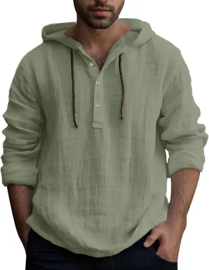 Linen Shirts for Men Lightweight Button Up Long Sleeve Shirts with Hood Casual Basic Loose Fit Breathable Boho Beach Shirt