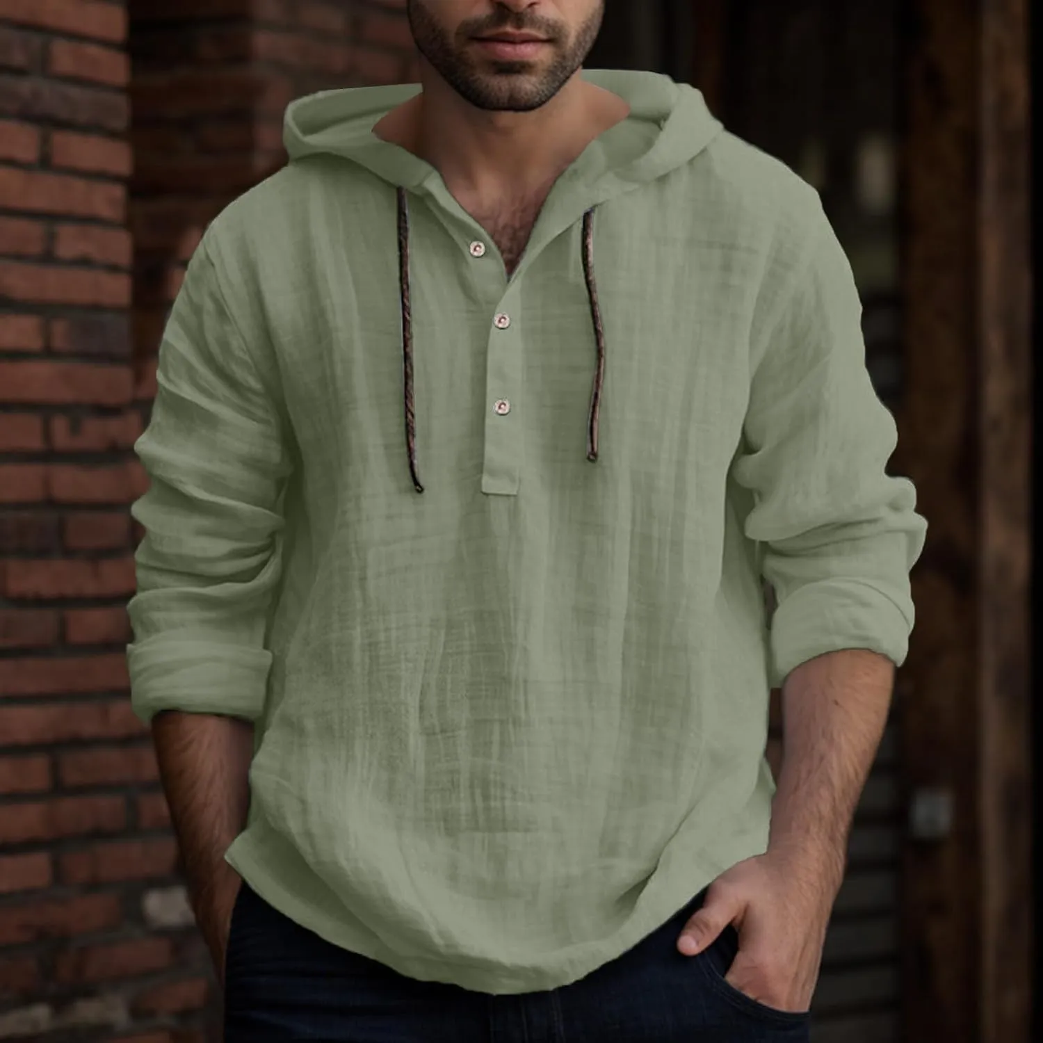 Linen Shirts for Men Lightweight Button Up Long Sleeve Shirts with Hood Casual Basic Loose Fit Breathable Boho Beach Shirt