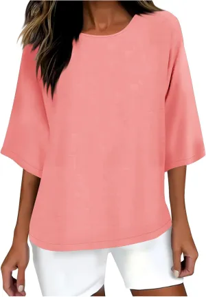Linen Shirts for Women 3/4 Sleeve Boat Neck Tunic Tops Casual Loose Solid Color T-Shirts Summer Blouses 2025