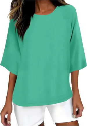 Linen Shirts for Women 3/4 Sleeve Boat Neck Tunic Tops Casual Loose Solid Color T-Shirts Summer Blouses 2025