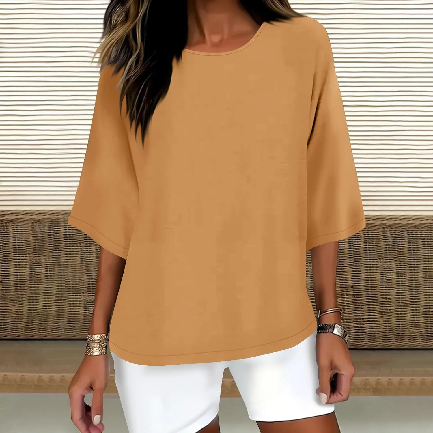 Linen Shirts for Women 3/4 Sleeve Boat Neck Tunic Tops Casual Loose Solid Color T-Shirts Summer Blouses 2025