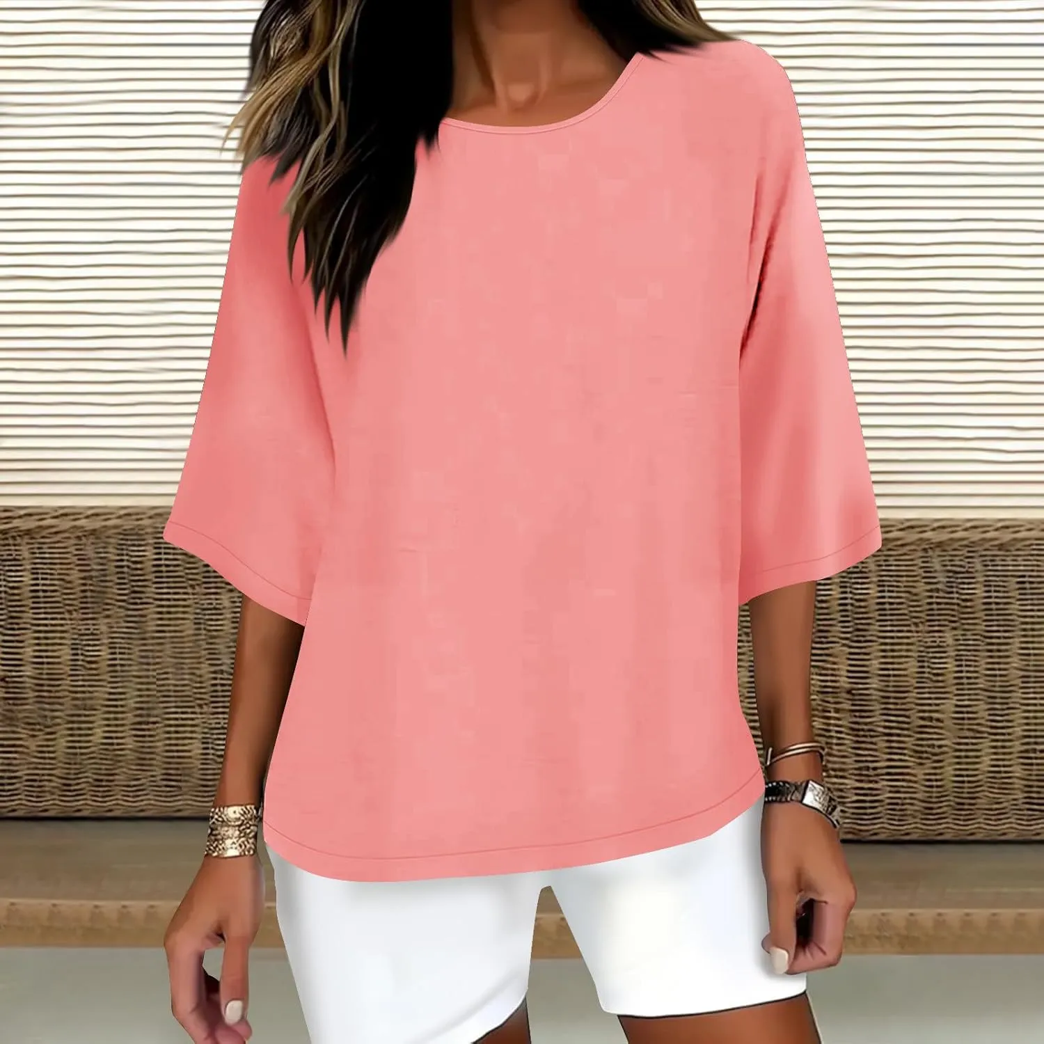 Linen Shirts for Women 3/4 Sleeve Boat Neck Tunic Tops Casual Loose Solid Color T-Shirts Summer Blouses 2025