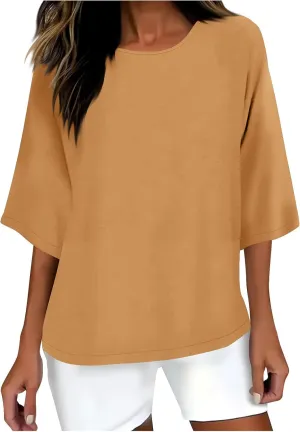 Linen Shirts for Women 3/4 Sleeve Boat Neck Tunic Tops Casual Loose Solid Color T-Shirts Summer Blouses 2025