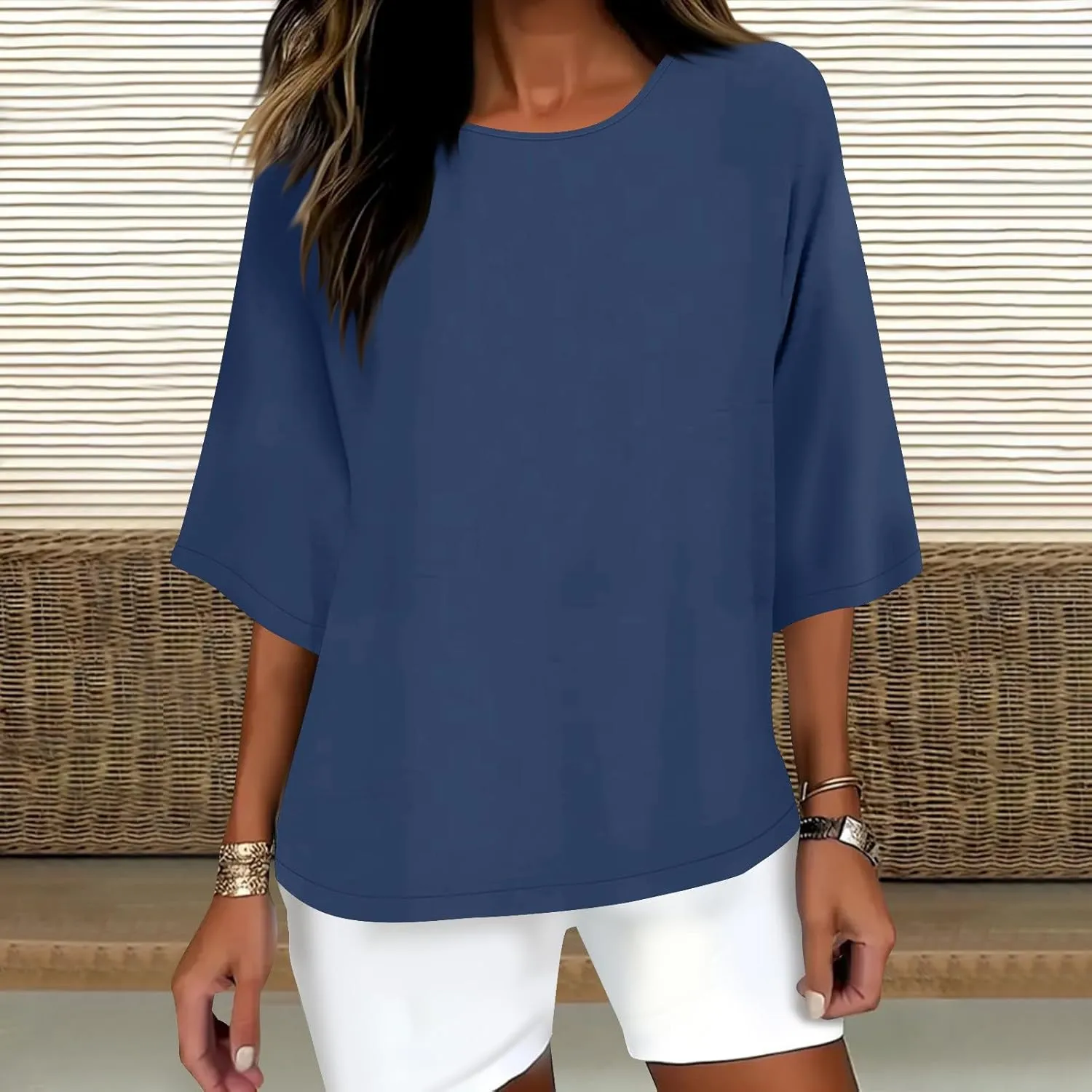 Linen Shirts for Women 3/4 Sleeve Boat Neck Tunic Tops Casual Loose Solid Color T-Shirts Summer Blouses 2025