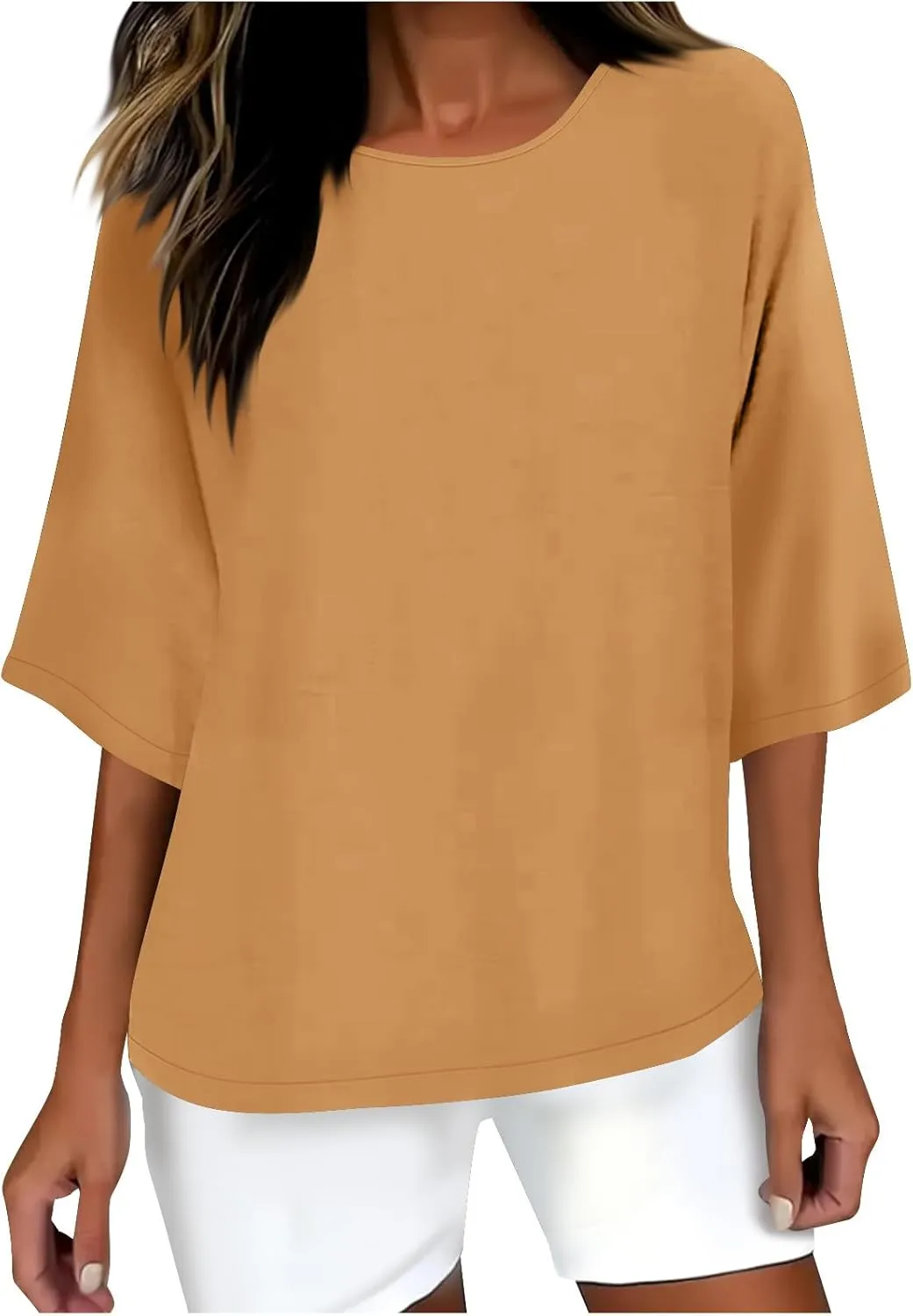 Linen Shirts for Women 3/4 Sleeve Boat Neck Tunic Tops Casual Loose Solid Color T-Shirts Summer Blouses 2025