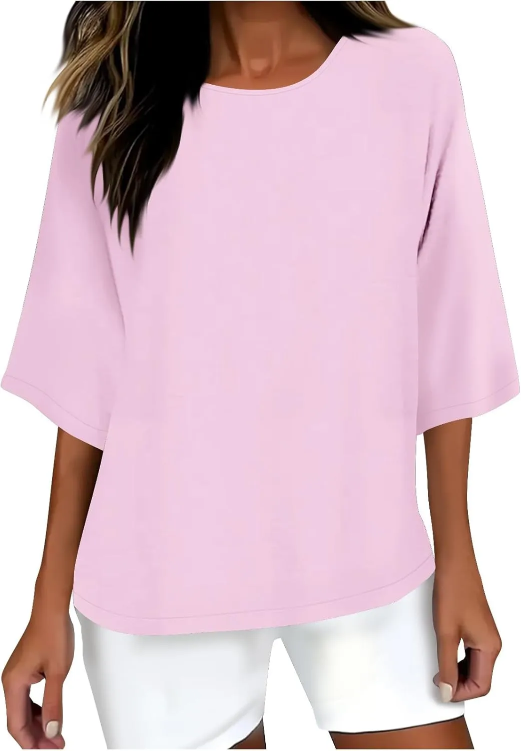 Linen Shirts for Women 3/4 Sleeve Boat Neck Tunic Tops Casual Loose Solid Color T-Shirts Summer Blouses 2025