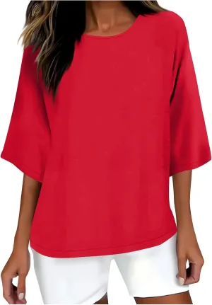 Linen Shirts for Women 3/4 Sleeve Boat Neck Tunic Tops Casual Loose Solid Color T-Shirts Summer Blouses 2025