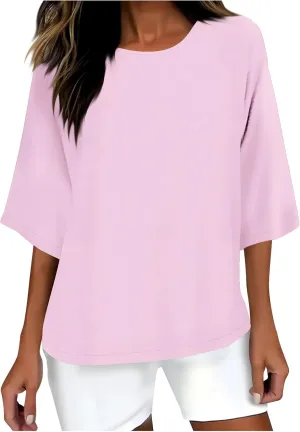 Linen Shirts for Women 3/4 Sleeve Boat Neck Tunic Tops Casual Loose Solid Color T-Shirts Summer Blouses 2025