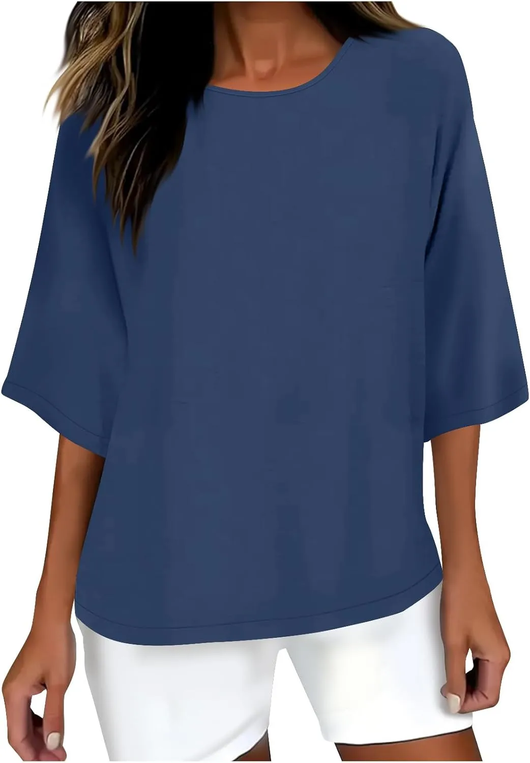Linen Shirts for Women 3/4 Sleeve Boat Neck Tunic Tops Casual Loose Solid Color T-Shirts Summer Blouses 2025