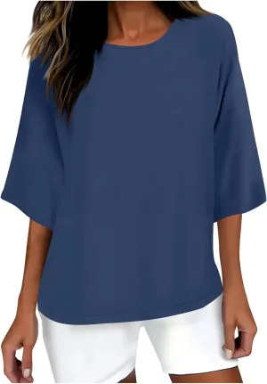 Linen Shirts for Women 3/4 Sleeve Boat Neck Tunic Tops Casual Loose Solid Color T-Shirts Summer Blouses 2025
