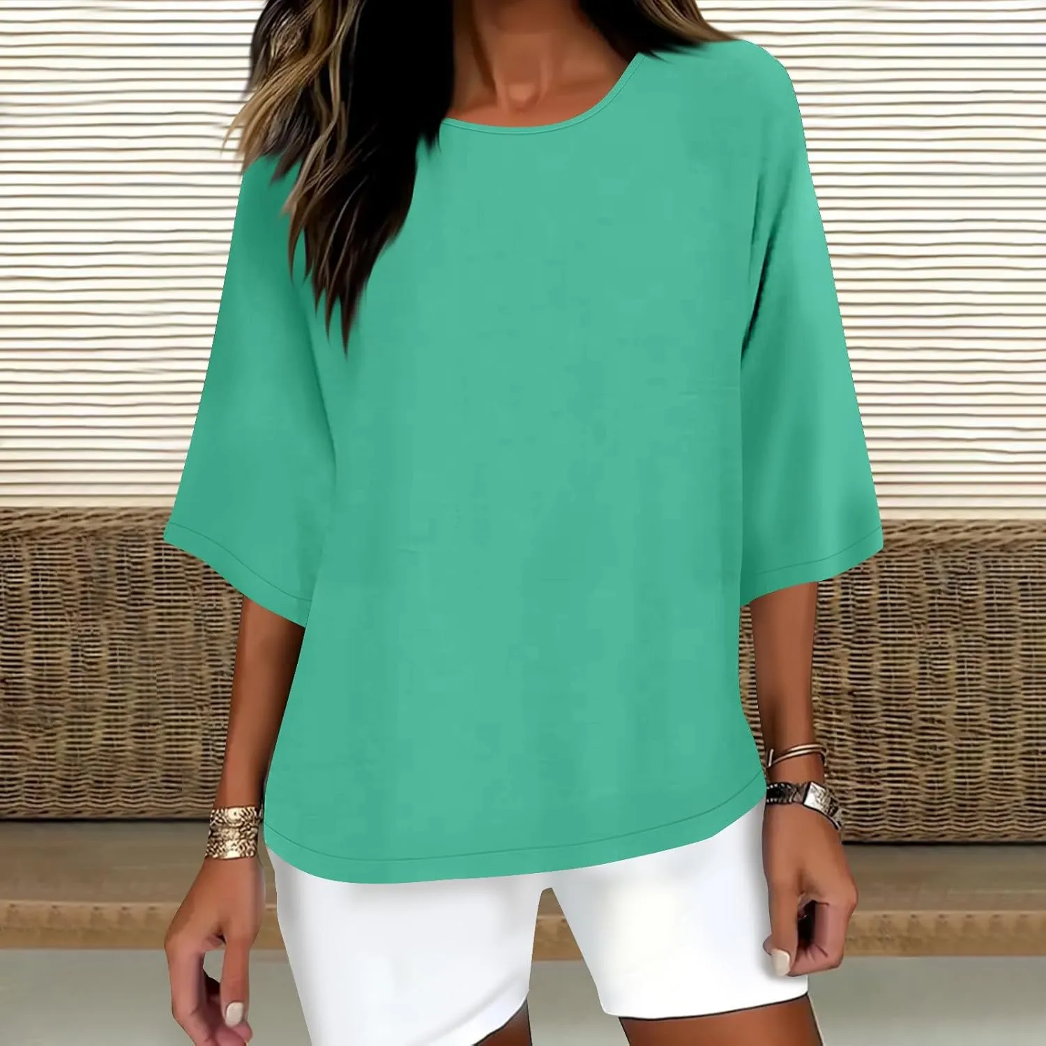 Linen Shirts for Women 3/4 Sleeve Boat Neck Tunic Tops Casual Loose Solid Color T-Shirts Summer Blouses 2025