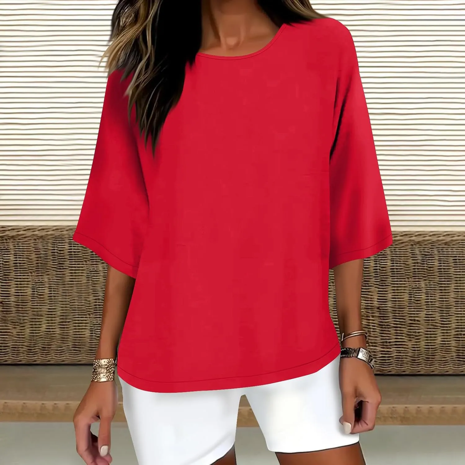 Linen Shirts for Women 3/4 Sleeve Boat Neck Tunic Tops Casual Loose Solid Color T-Shirts Summer Blouses 2025