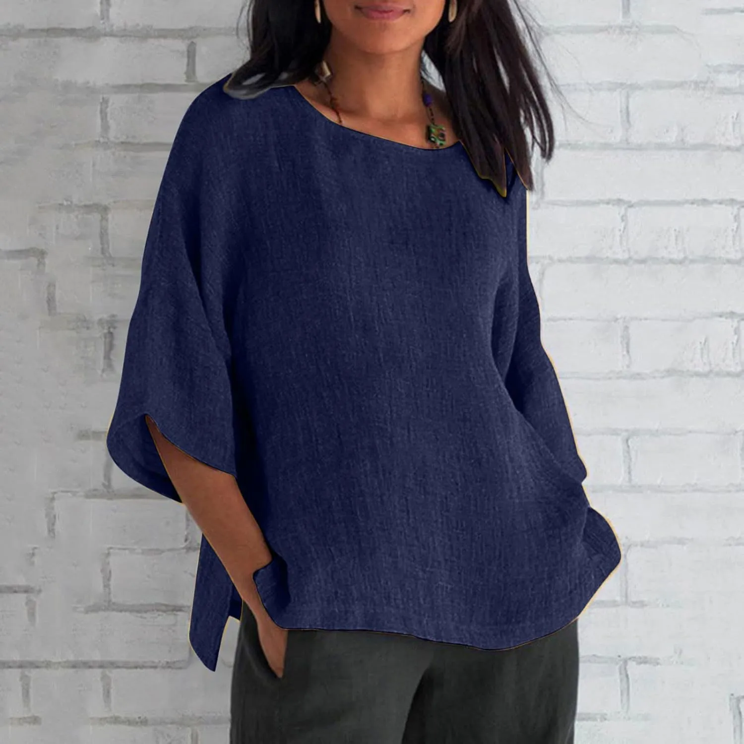 Linen Shirts for Women Dressy Casual 3/4 Sleeve Cotton Linen Tshirt Plus Size Tops Trendy Tunic Cute Tees Comfy Flowy Blouses