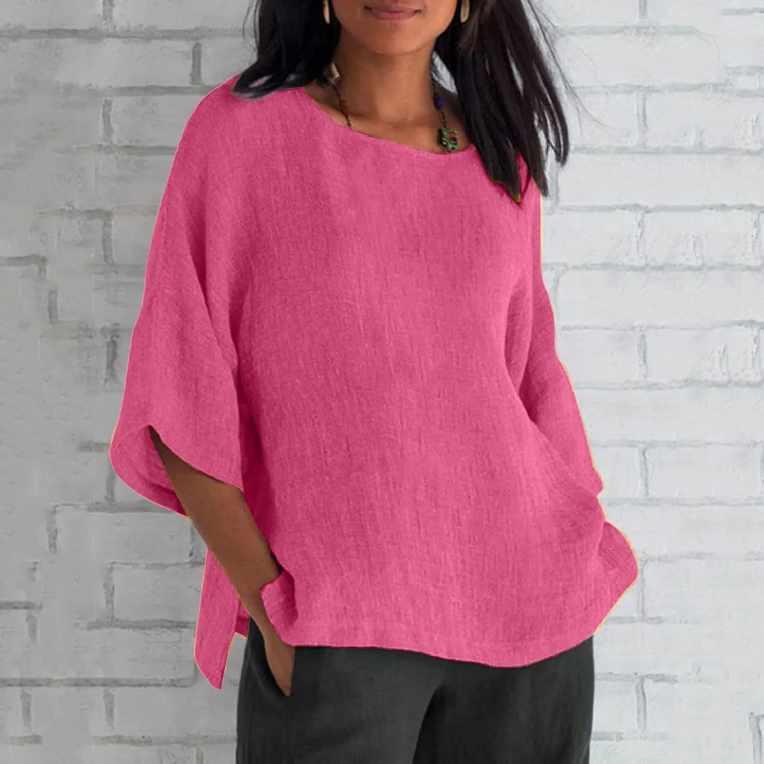 Linen Shirts for Women Dressy Casual 3/4 Sleeve Cotton Linen Tshirt Plus Size Tops Trendy Tunic Cute Tees Comfy Flowy Blouses