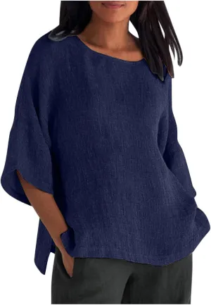 Linen Shirts for Women Dressy Casual 3/4 Sleeve Cotton Linen Tshirt Plus Size Tops Trendy Tunic Cute Tees Comfy Flowy Blouses