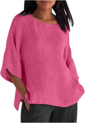 Linen Shirts for Women Dressy Casual 3/4 Sleeve Cotton Linen Tshirt Plus Size Tops Trendy Tunic Cute Tees Comfy Flowy Blouses