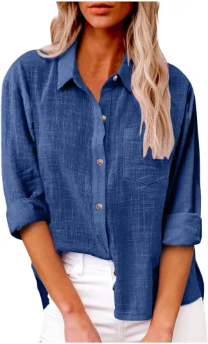 Linen Shirts for Women Long Sleeve Button Down T Shirts Dressy Casual Tops Solid Casual Work Blouses with Pocket