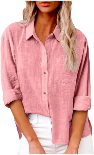 Linen Shirts for Women Long Sleeve Button Down T Shirts Dressy Casual Tops Solid Casual Work Blouses with Pocket