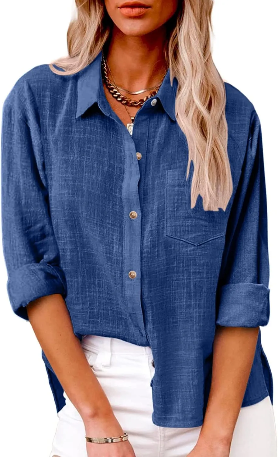 Linen Shirts for Women Long Sleeve Button Down T Shirts Dressy Casual Tops Solid Casual Work Blouses with Pocket