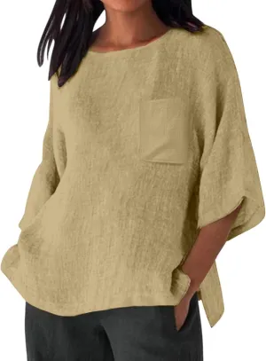 Linen Shirts for Women Oversized Casual 3/4 Length Sleeve Tops 2025 Dressy Summer Vacation Crew Neck Tees Outfits