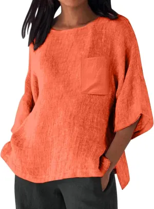 Linen Shirts for Women Oversized Casual 3/4 Length Sleeve Tops 2025 Dressy Summer Vacation Crew Neck Tees Outfits