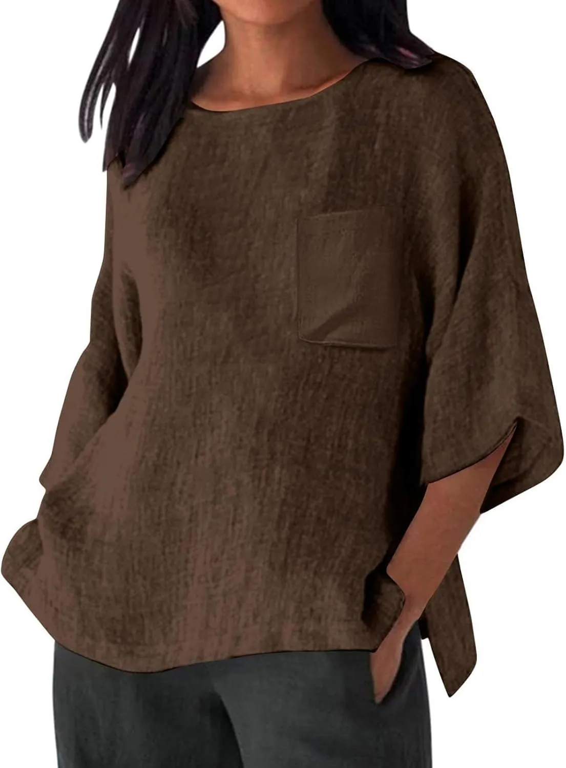Linen Shirts for Women Oversized Casual 3/4 Length Sleeve Tops 2025 Dressy Summer Vacation Crew Neck Tees Outfits