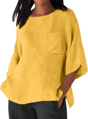 Linen Shirts for Women Oversized Casual 3/4 Length Sleeve Tops 2025 Dressy Summer Vacation Crew Neck Tees Outfits