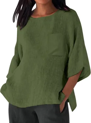 Linen Shirts for Women Oversized Casual 3/4 Length Sleeve Tops 2025 Dressy Summer Vacation Crew Neck Tees Outfits