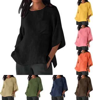 Linen Shirts for Women Oversized Casual 3/4 Length Sleeve Tops 2025 Dressy Summer Vacation Crew Neck Tees Outfits
