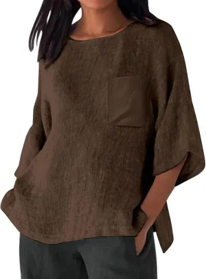 Linen Shirts for Women Oversized Casual 3/4 Length Sleeve Tops 2025 Dressy Summer Vacation Crew Neck Tees Outfits
