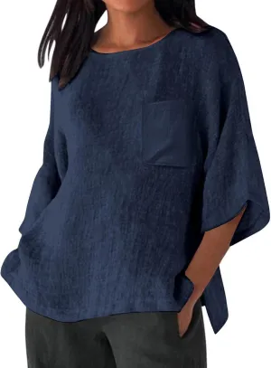 Linen Shirts for Women Oversized Casual 3/4 Length Sleeve Tops 2025 Dressy Summer Vacation Crew Neck Tees Outfits