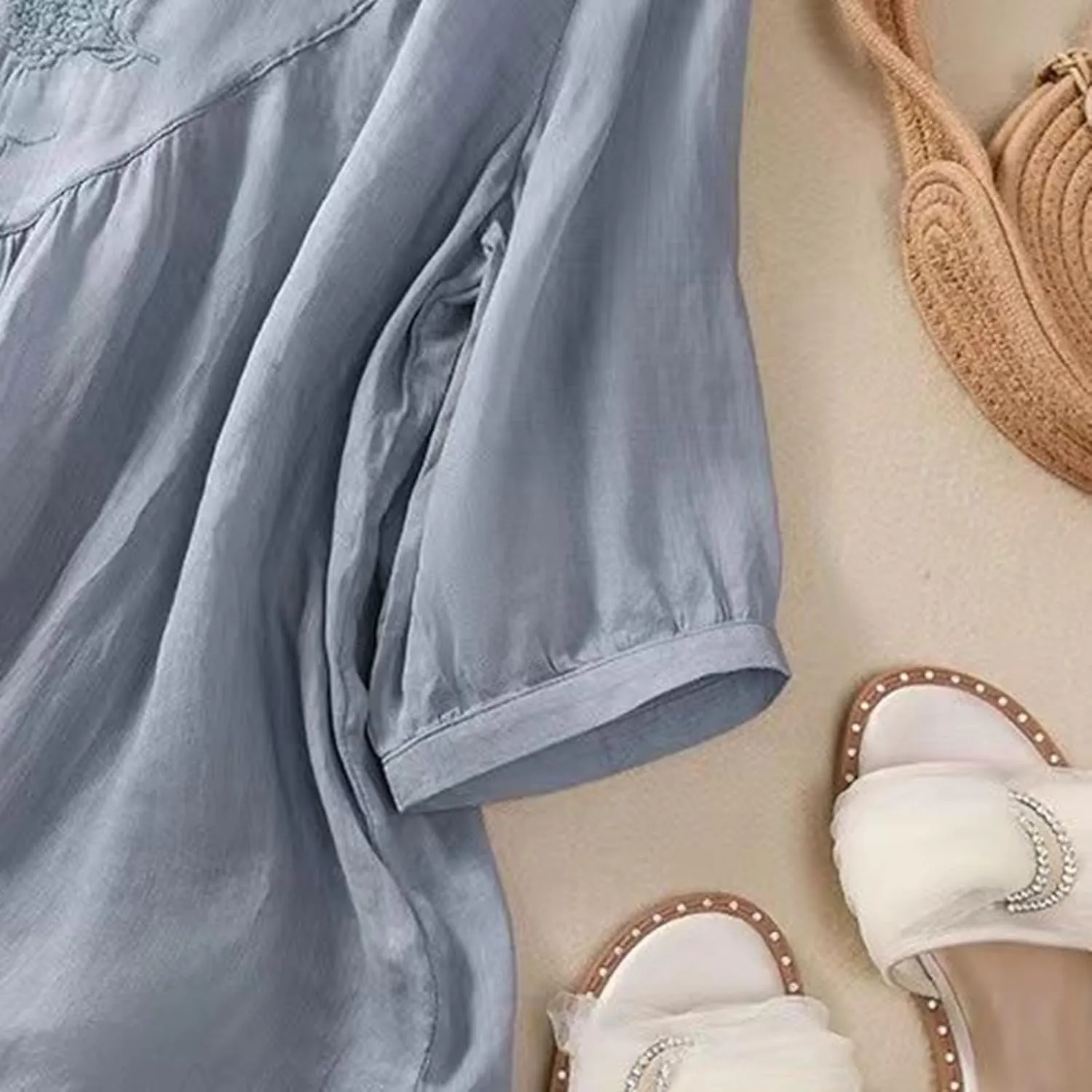Linen Shirts for Women Summer Embroidery Boho Casual Blouses Comfy Loose Short Sleeve Crew Neck Tees Plus Size Tops