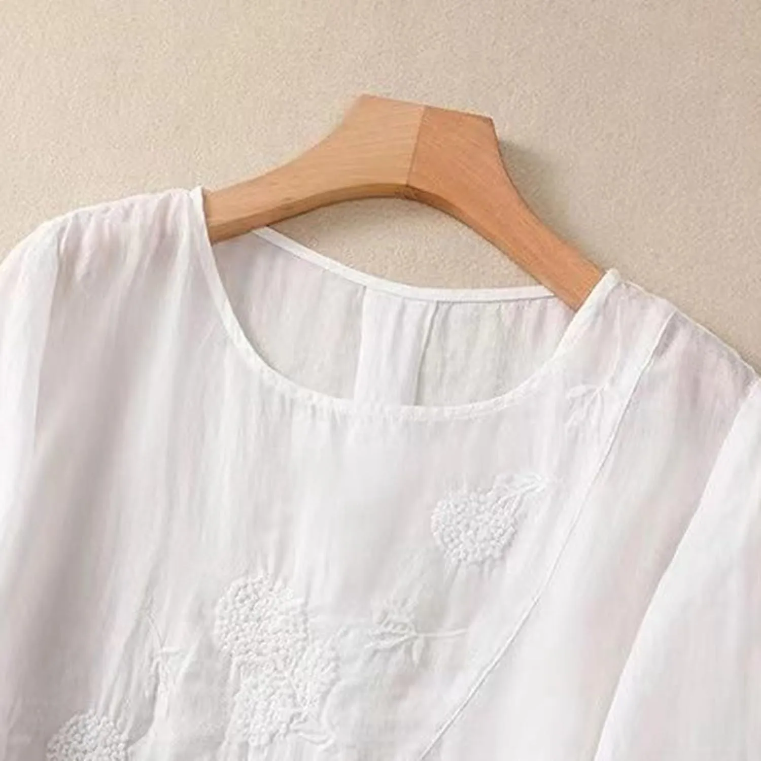 Linen Shirts for Women Summer Embroidery Boho Casual Blouses Comfy Loose Short Sleeve Crew Neck Tees Plus Size Tops