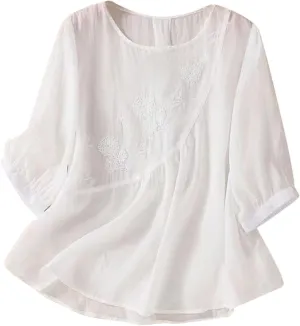 Linen Shirts for Women Summer Embroidery Boho Casual Blouses Comfy Loose Short Sleeve Crew Neck Tees Plus Size Tops