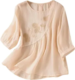 Linen Shirts for Women Summer Embroidery Boho Casual Blouses Comfy Loose Short Sleeve Crew Neck Tees Plus Size Tops