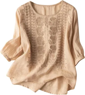 Linen Shirts for Women Summer Embroidery Boho Casual Blouses Comfy Loose Short Sleeve Crew Neck Tees Plus Size Tops