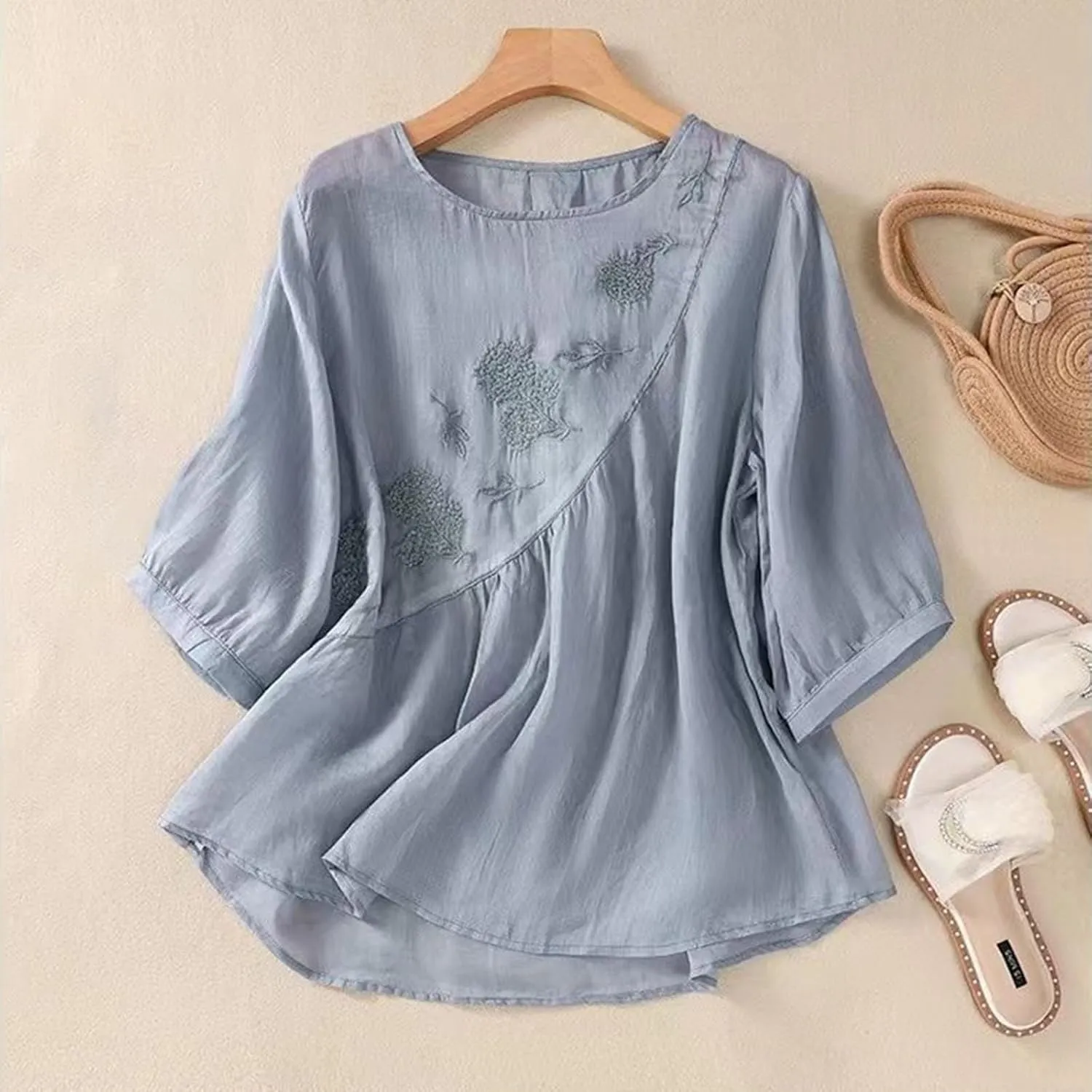 Linen Shirts for Women Summer Embroidery Boho Casual Blouses Comfy Loose Short Sleeve Crew Neck Tees Plus Size Tops