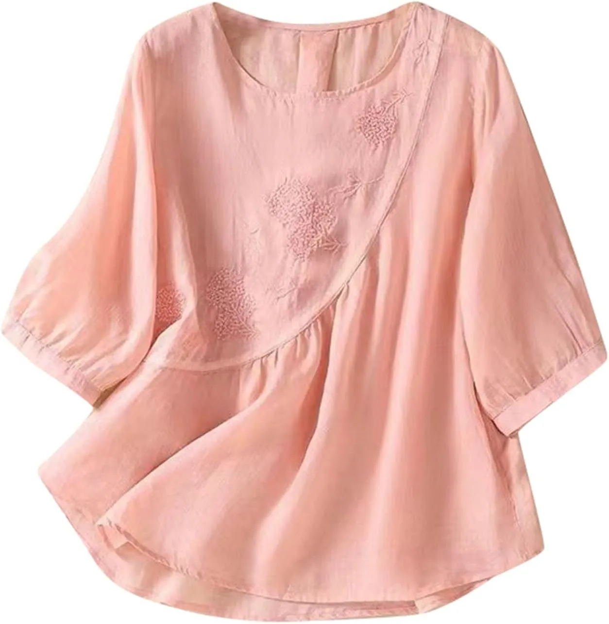 Linen Shirts for Women Summer Embroidery Boho Casual Blouses Comfy Loose Short Sleeve Crew Neck Tees Plus Size Tops