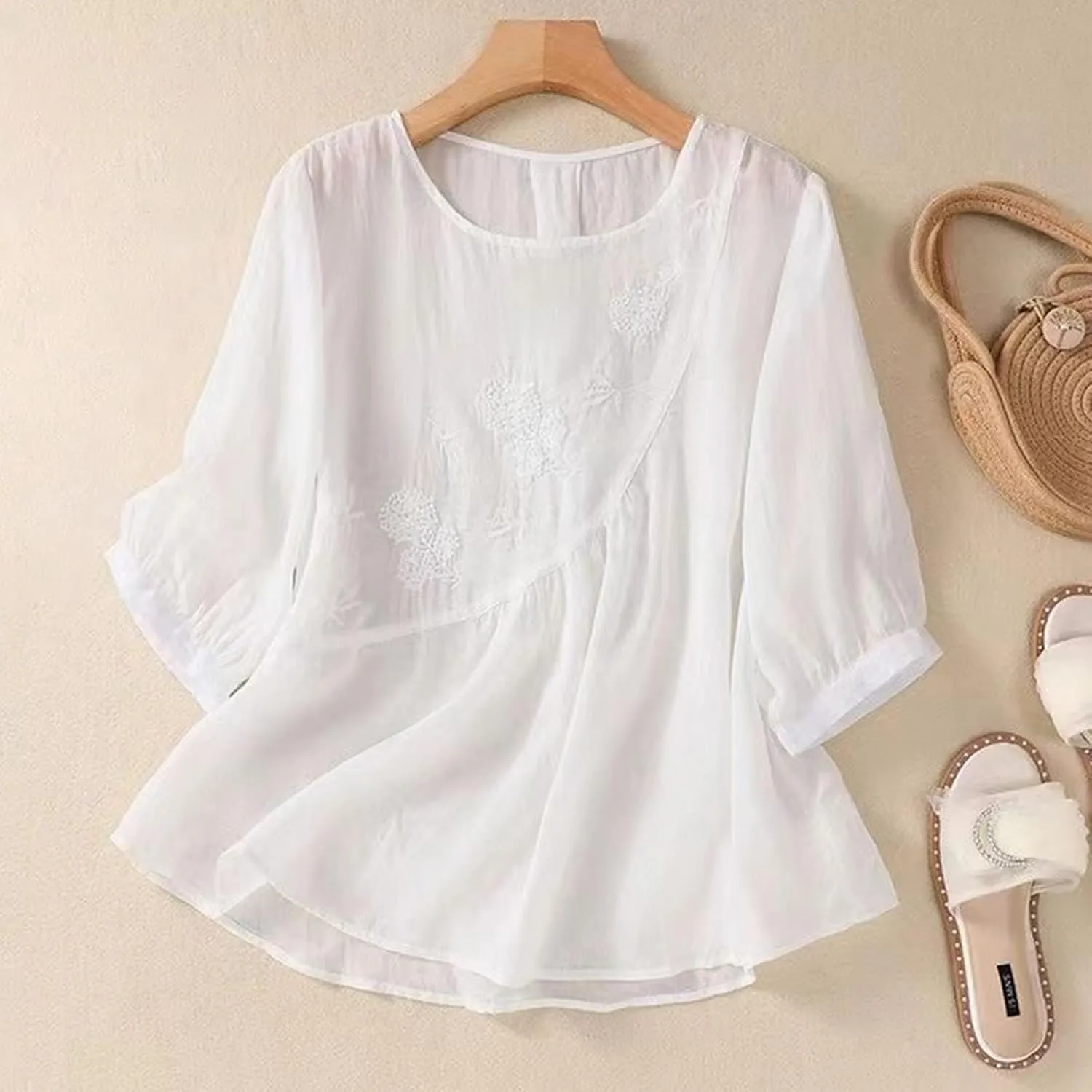 Linen Shirts for Women Summer Embroidery Boho Casual Blouses Comfy Loose Short Sleeve Crew Neck Tees Plus Size Tops